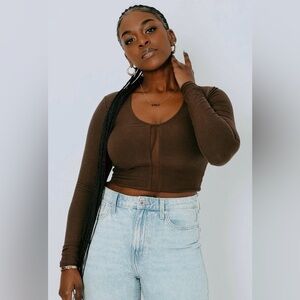 Klassy Network Dark Brown Ribbed Crop Top with Mesh Cut-Out